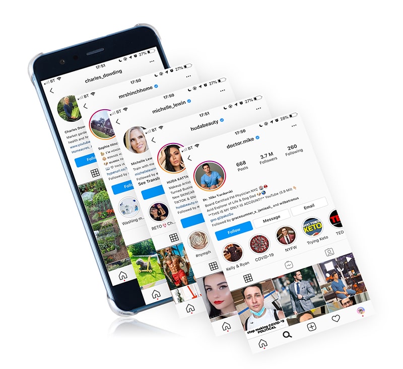 Screens of various influencers instagram accounts